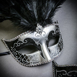 Silver Black Side Feather Glitter & Silver Black Mardi Gras Top Feather Masks